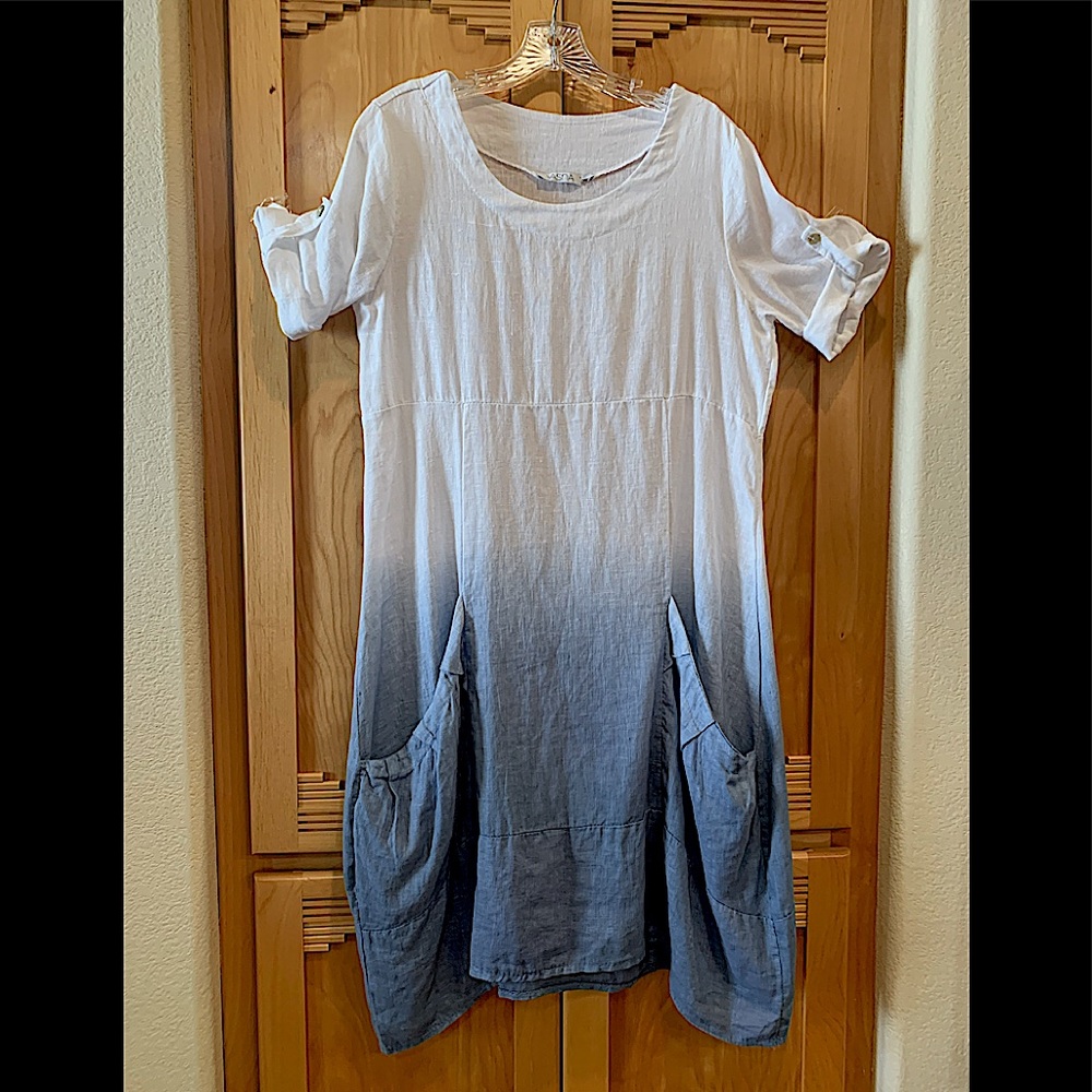 VASNA Italy LINEN DRESS  S  White & Blue
